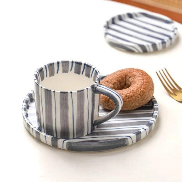Hand Drawn Striped Ceramic Mug & Saucer
